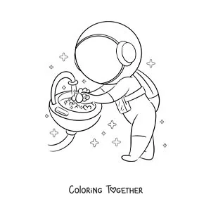 Coloring page of a cartoon astronaut washing his hands