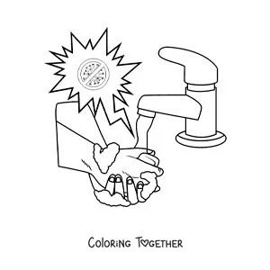 Coloring page of a pair of soapy hands under running water, protected from a cartoon virus