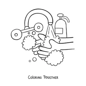 Coloring page of a pair of soapy hands under running water at the sink