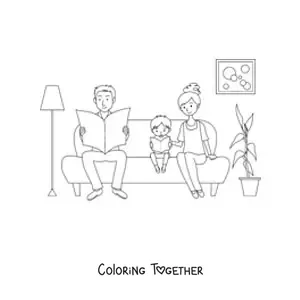Coloring page of a mom and a dad sitting on the sofa with their little son