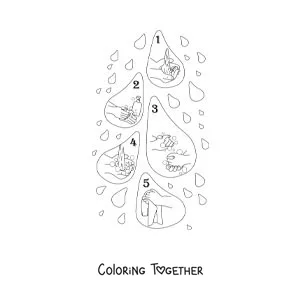 Coloring page of water drops listing the steps for washing your hands
