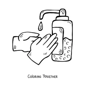 Coloring page of a pair of hands with hand sanitizer