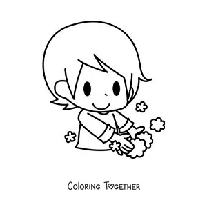 Coloring page of a kawaii boy washing his hands