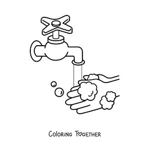 Coloring page of hand hygiene with soap and water