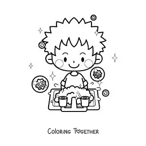 Coloring page of a kawaii boy washing his hands to prevent viruses