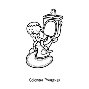 Coloring page of a boy on the toilet learning to use the bathroom