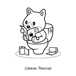 Coloring page of a cartoon dog reading the newspaper on the toilet