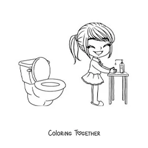 Coloring page of a girl washing her hands after going to the bathroom
