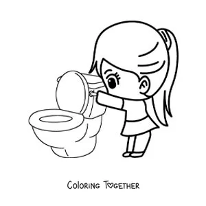 Coloring page of a girl flushing the toilet in the bathroom