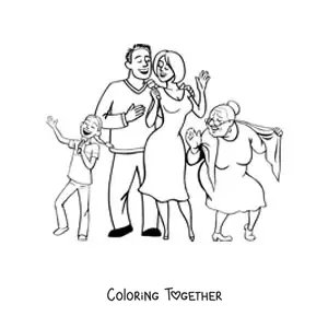 Coloring page of a family having fun with grandma dancing to one side