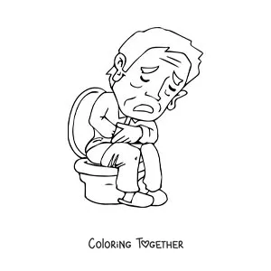 Coloring page of a man with an upset stomach on the toilet