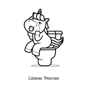Coloring page of a cartoon unicorn sitting on the toilet