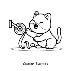 Coloring page of a cartoon cat playing with the toilet paper