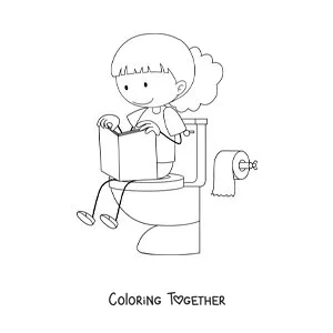 Coloring page of a girl sitting on the toilet reading a book