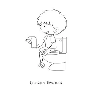 Coloring page of a boy sitting on the toilet with toilet paper