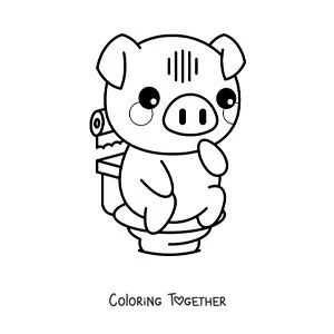 Coloring page of a cute cartoon piglet learning to use the toilet