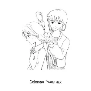 Coloring page of a mother combing her daughter's hair for school