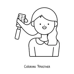 Coloring page of a girl brushing her hair with a brush