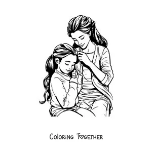 Coloring page of a mother combing her daughter's hair