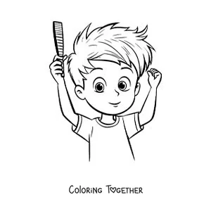 Coloring page of a boy combing his hair with a comb