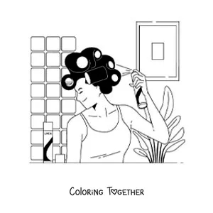 Coloring page of a woman styling her hair with hairspray