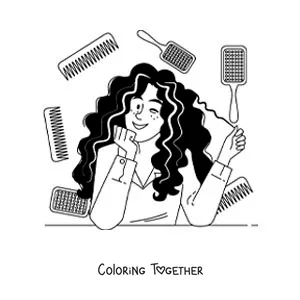 Coloring page of a woman with curly hair combing her hair