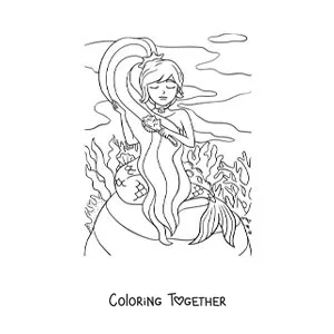 Coloring page of a cartoon mermaid combing her hair