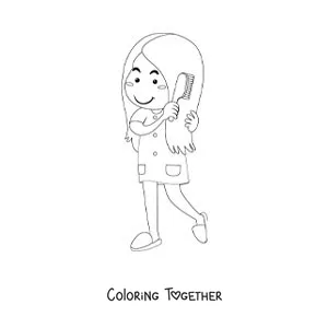 Coloring page of a girl combing her hair before sleeping
