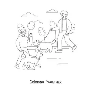Coloring page of people walking their dogs in the park