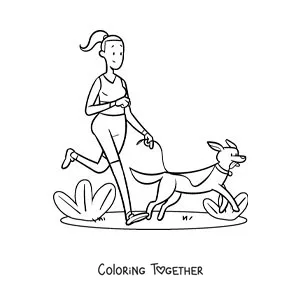 Coloring page of a girl jogging with her dog in the park