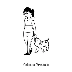 Coloring page of a girl walking her dog