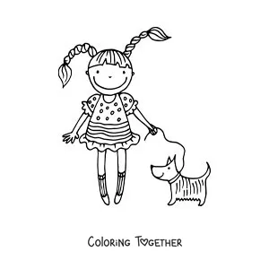 Coloring page of a cartoon of a girl walking her dog