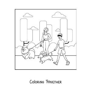Coloring page of a girl and a boy walking their dogs in the park