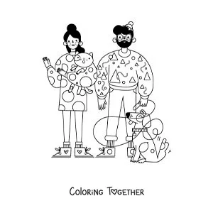 Coloring page of a couple with their cat and their dog on a leash