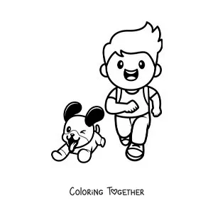Coloring page of a boy running with his kawaii dog