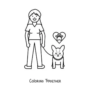 Coloring page of a girl walking her little dog on a leash