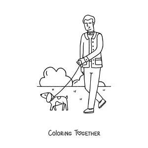Coloring page of a man walking his dog in the park
