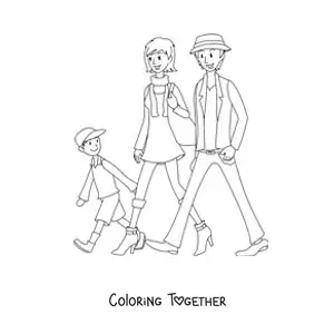 Coloring page of a family out for a walk
