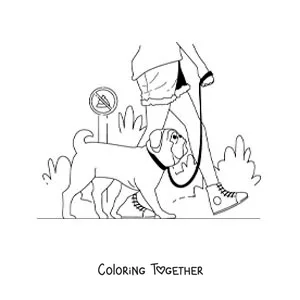 Coloring page of a girl walking her dog through the park