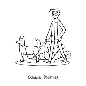 Coloring page of a young man taking his dog for a walk in the park