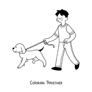 Coloring page of a boy taking his dog for a walk on a leash
