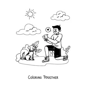 Coloring page of a boy taking photos of his dog on a walk