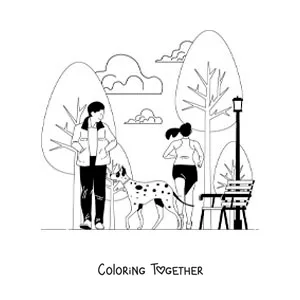 Coloring page of a man walking with his dog in the park