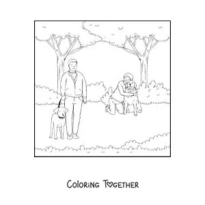 Coloring page of several people walking with their dogs in the park