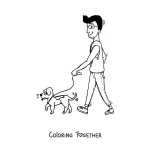 Coloring page of a cartoon of a man walking his dog
