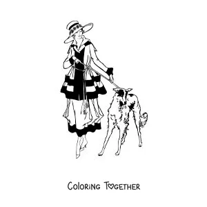 Coloring page of an elegant girl out walking with her dog