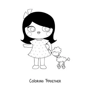 Coloring page of an animated doll walking her little dog