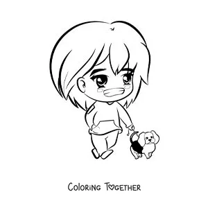 Coloring page of a kawaii girl walking her dog