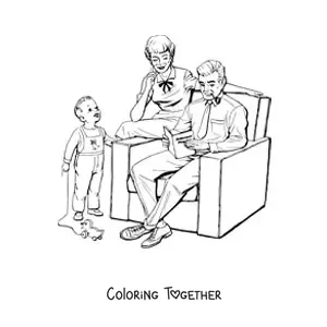 Coloring page of a vintage-style family