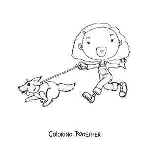 Coloring page of an animated girl walking her dog